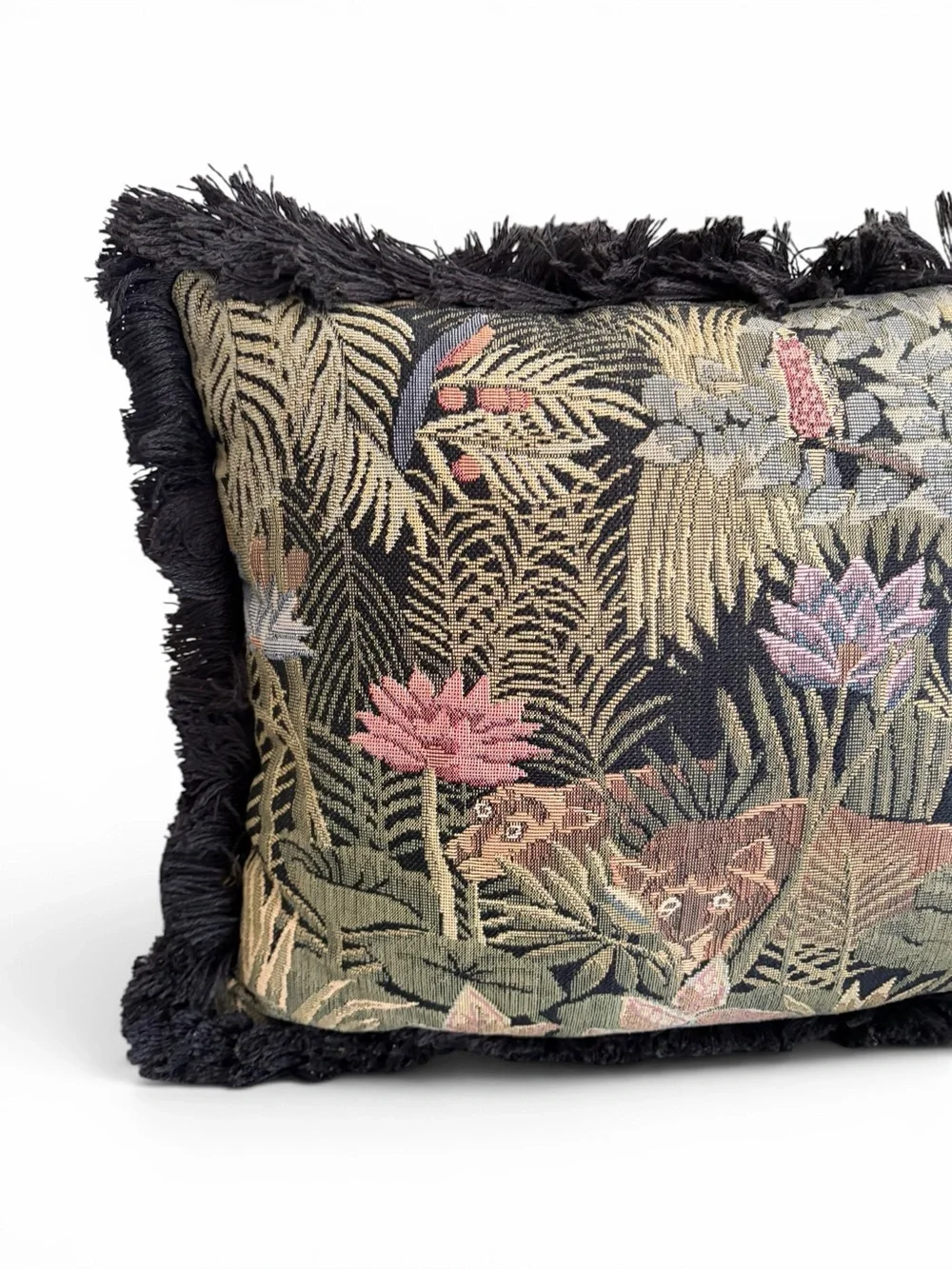 Vintage Black Floral and Animal Tapestry Accent Pillow